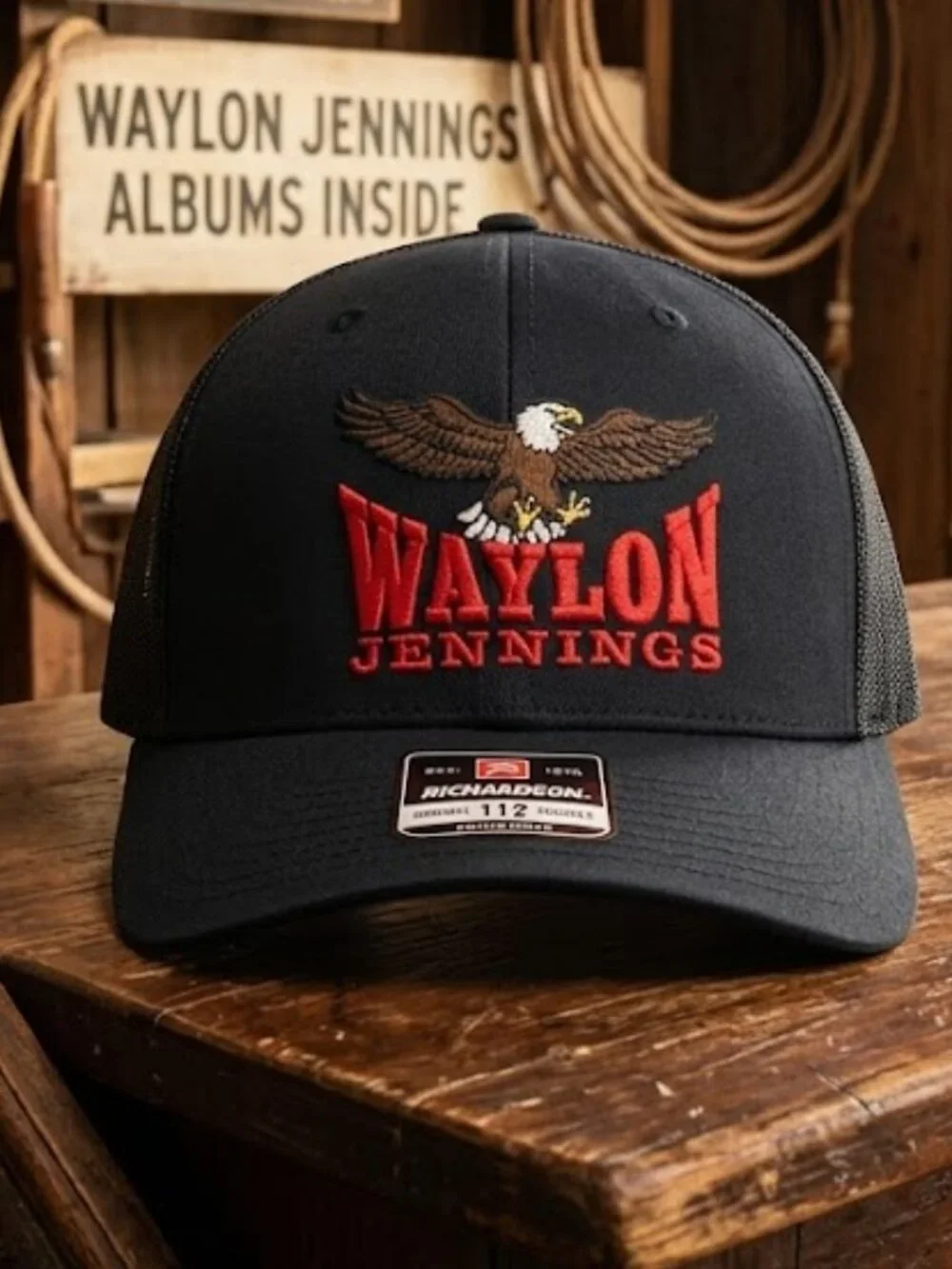 Retro Waylon Jennings Eagle Embroider Hat Richardson 112 Black Cap Outlaw Countr
